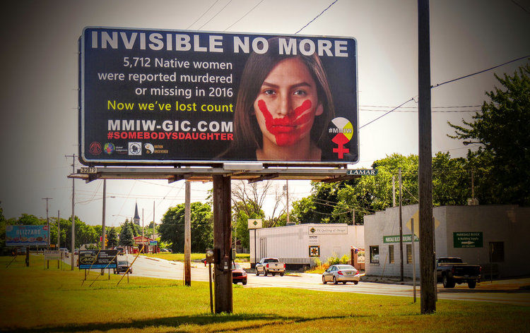 MMIW billboard in Manistee, Michigan, home of the Little Band of Ottawa Indians. Photograph by Cecilia LaPointe 