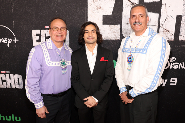 Chief Gary Batton, Richie Palmer, Executive Production & Development, Marvel Feature Film Production and Assistant Chief Jack Austin Jr. attend the Echo Launch Event at Regency Village Theatre in Los Angeles, California on January 08, 2024.  (Photo by Jesse Grant/Getty Images for Disney)