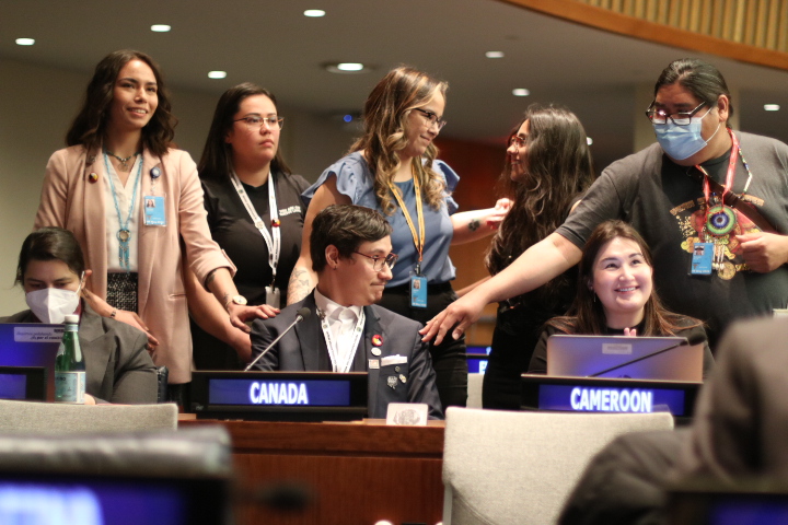 Members of the Young Diplomats of Canada congratulate Nipawi Kakinoosit center for his testimony on their behalf on Friday afternoonjpeg