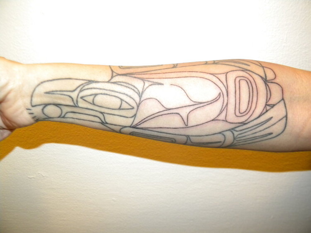 Tattoo by Tlingit artist Nahaan.  Nahaan will be a speaker at the Dressing for the Creator: Indigenous Art and the Power of Spectacle symposium on Tuesday, March 29 at the Denver Art Museum.  (Photo/IndigenousResistance.com)