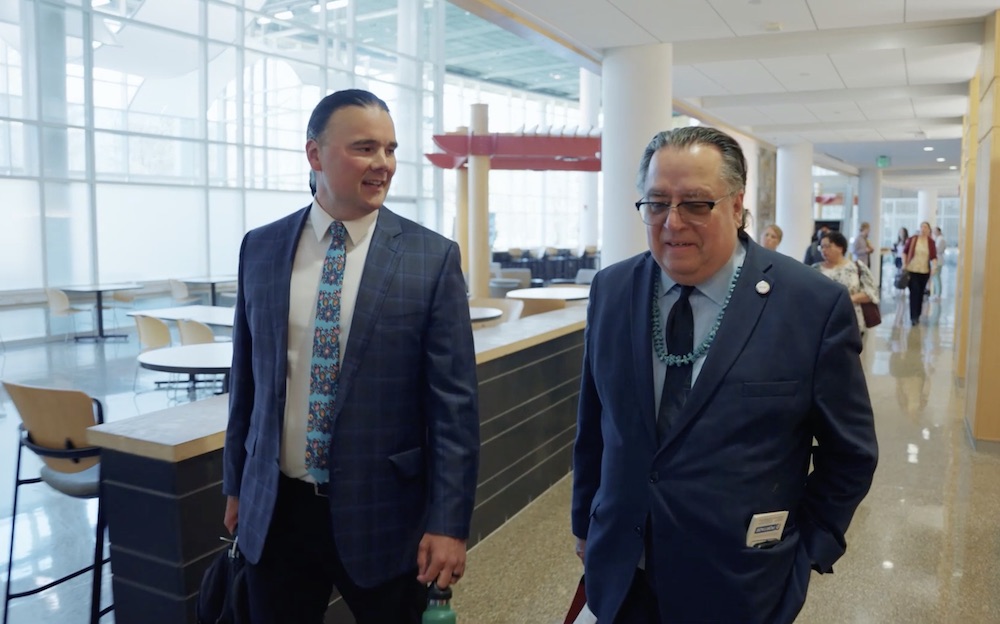 Assistant Secretary Indian Affairs Bryan Newland (left) and Native News Online Publisher Levi Rickert (right) at Western Michigan University in Kalamazoo, Michigan on April 13. (Photo: Western Michigan University) 