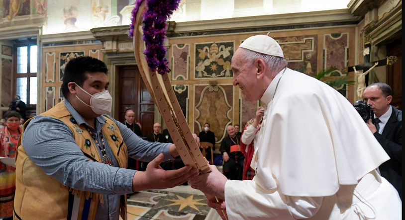 Pope Francis greets a First Nations leader (Photo: Vatican)  
