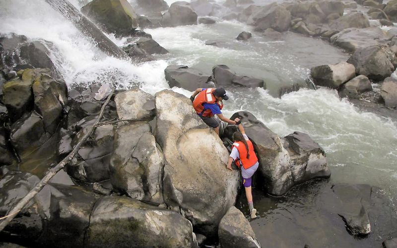 Members of the Yakama Nation scale the slippery rocks in the Willamette River near Oregon City, Ore., during the annual lamprey harvest in 2017. (Ian McCluskey/OPB)