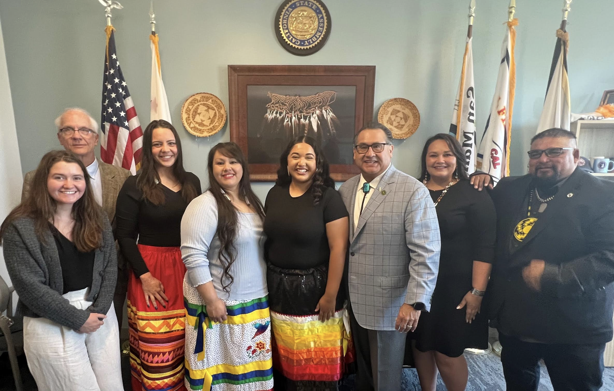 Austin McNichols (CILS law fellow), Jay Petersen (CILS Sr. Staff Attorney), Sequoia Coleman (CNVP Community Organizer), Vanessa ?(Bella’s Aunt), Bella, Ramos, Heather Hostler (CILS Executive Director), Shine Nieto, (Tule River Indian Tribe Chairman) (Photo/James Ramos Office)