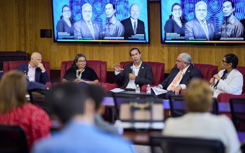 From left, Mark Doescher, Vanessa Hiratsuka (Diné/Winnemem Wintu), Chris Tall Bear (Southern Cheyenne), Jeff Fife (Muscogee (Creek) Nation) and Tana Fitzpatrick (Sioux/Crow/Ponca/Chickasaw). Photo by Jonathan Kyncl. (Photo/OU)