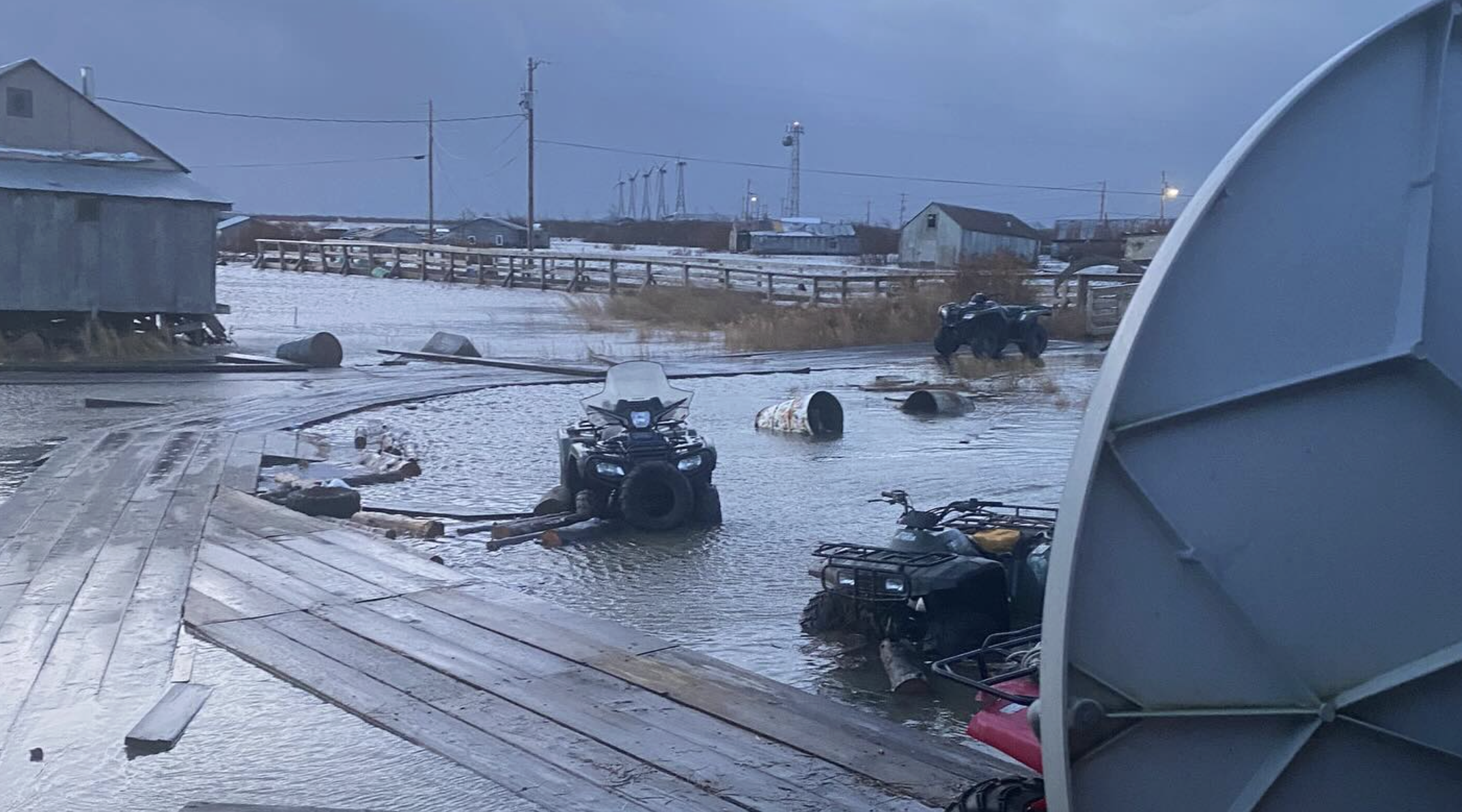 Storm surge seen flooding boardwalks in Tuntutuliak on Oct. 12, 2025 (Photo courtesy of Phillip Charlie via Charity Qalutaq Blanchett)