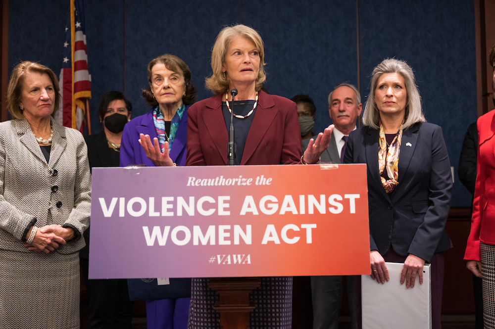 Senators Durbin, Ernst, Feinstein, and Murkowski hold a press conference announcing a bipartisan modernized Violence Against Women Act.(Official U.S. Senate photo by Renee Bouchard)