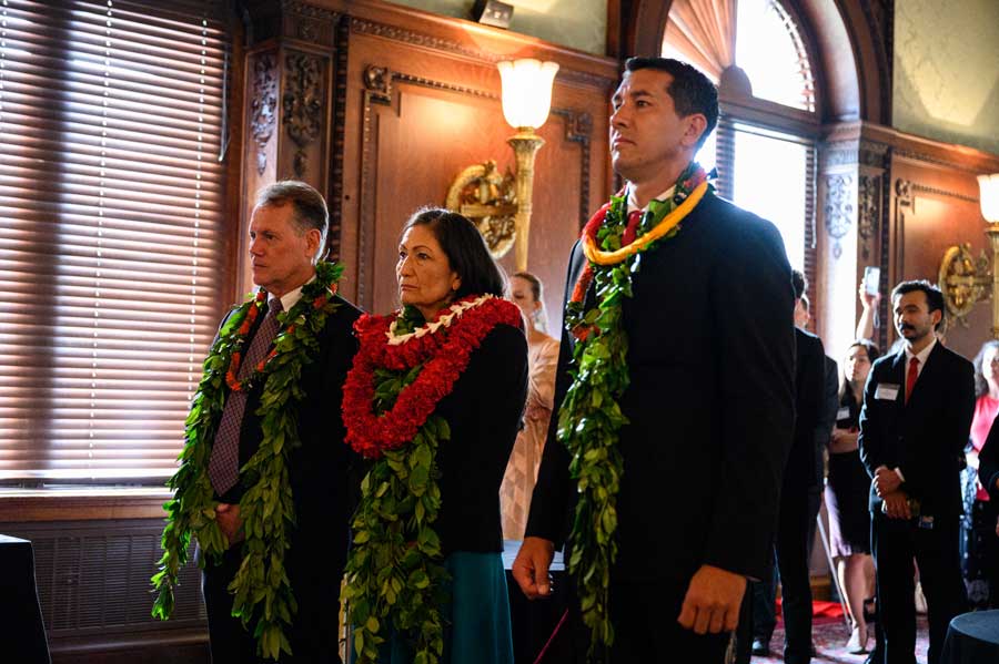 Reps. Ed Case, D-Hawaii; Deb Haaland, D-N.M., and Kai Kahele, D-Hawaii, celebrate the 100th anniversary of the Hawaiian Homes Commission Act in 2020. (Photo courtesy of Rep. Kai Kahele.)