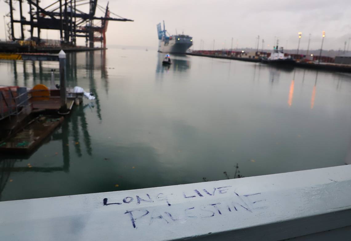Graffiti on a handrail on the pier at the Port of Tacoma reads “LONG LIVE PALESTINE”, Monday, Nov. 6, 2023. (Photo/Rosemary Montalvo Rosemary Montalvo forThe News Tribune)