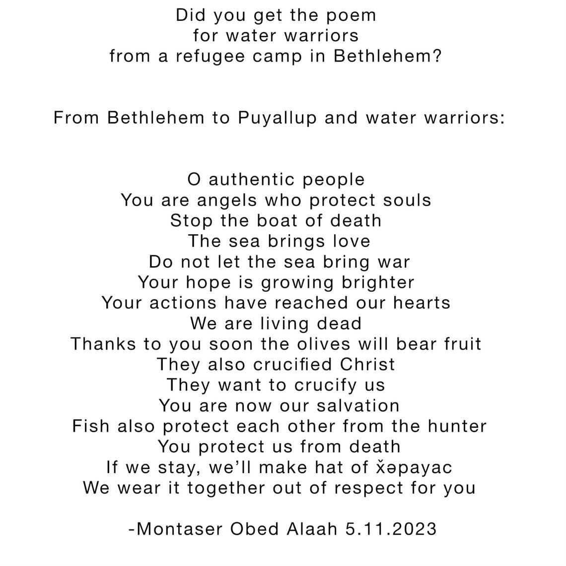 A poem written by a young Palestinian man for the water warriors. (Patricia Gonzalez)