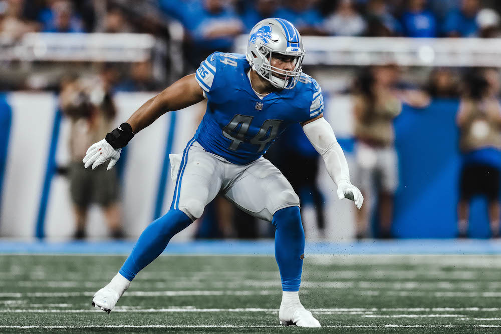 Detroit Lions linebacker Malcolm Rodriguez (44) during a NFL football game against the Philadelphia Eagles on Sunday, September 11, 2022 in Detroit, MI. (Josh Mandujano/Detroit Lions).