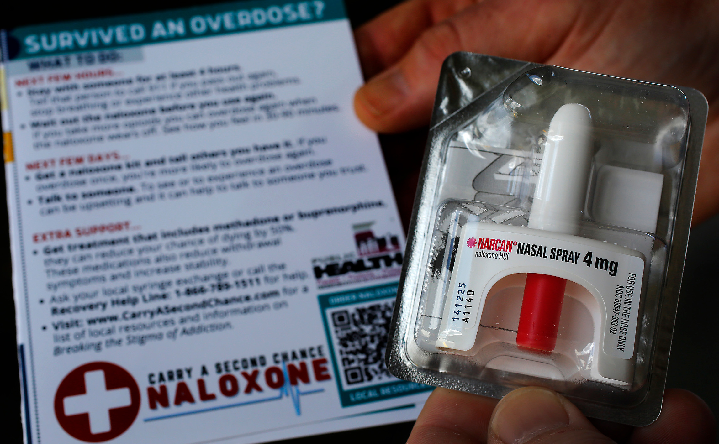 A Narcan nasal spray kit with bi-lingual instructions is part of a partnership with program between local fire departments and the Benton Franklin Health District for overdose survivors. (photo/Bob Brawdy for the Tri-City Herald)