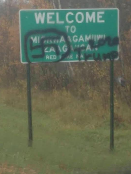 Red Lake Welcome Sign Defaced With Nazi Swastika And Trump 2020 Vandalism Currents - roblox swastika