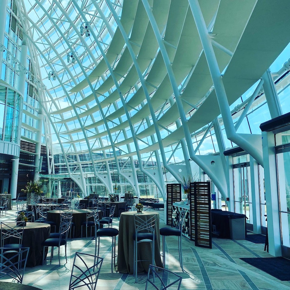 Hall of the People, a banquet center that can seat up to 900 people, is modeled after the grass lodge of the Caddo people. The Hall stands 90 feet tall and has 800 panes of inch-thick glass. (Photo/Darren Thompson for Native News Online.) 