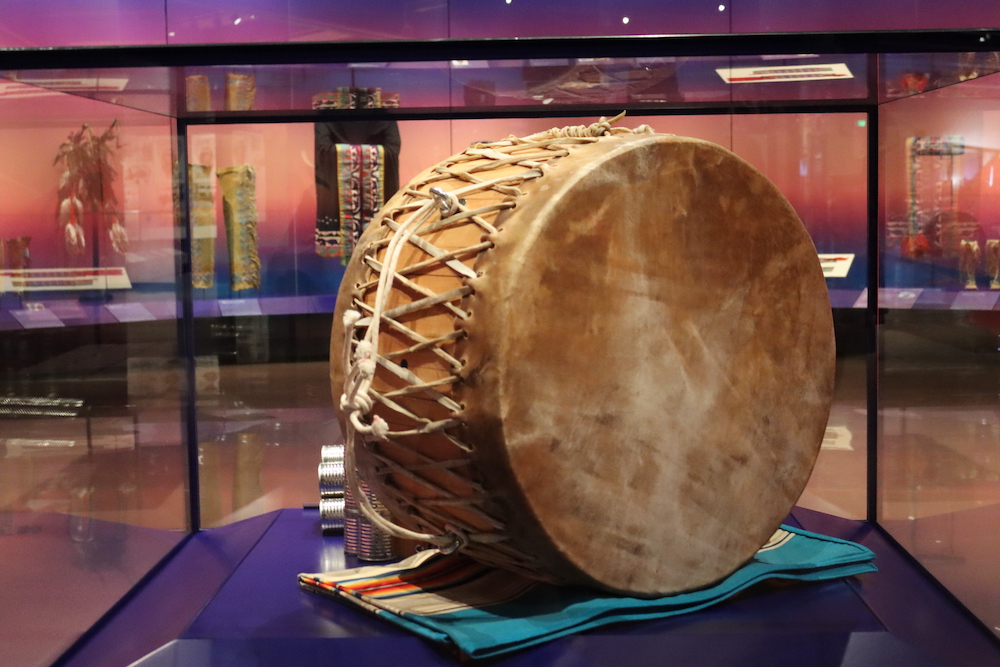 A powwow drum made exclusively for the First Americans Museum by Rock Pipestem (Otoe, Missouria, and Osage), featured in one of the museum exhibits, will be taken out of display and performed in future demonstrations and ceremonies at the museum. (Photo/Darren Thompson for Native News Online.) 