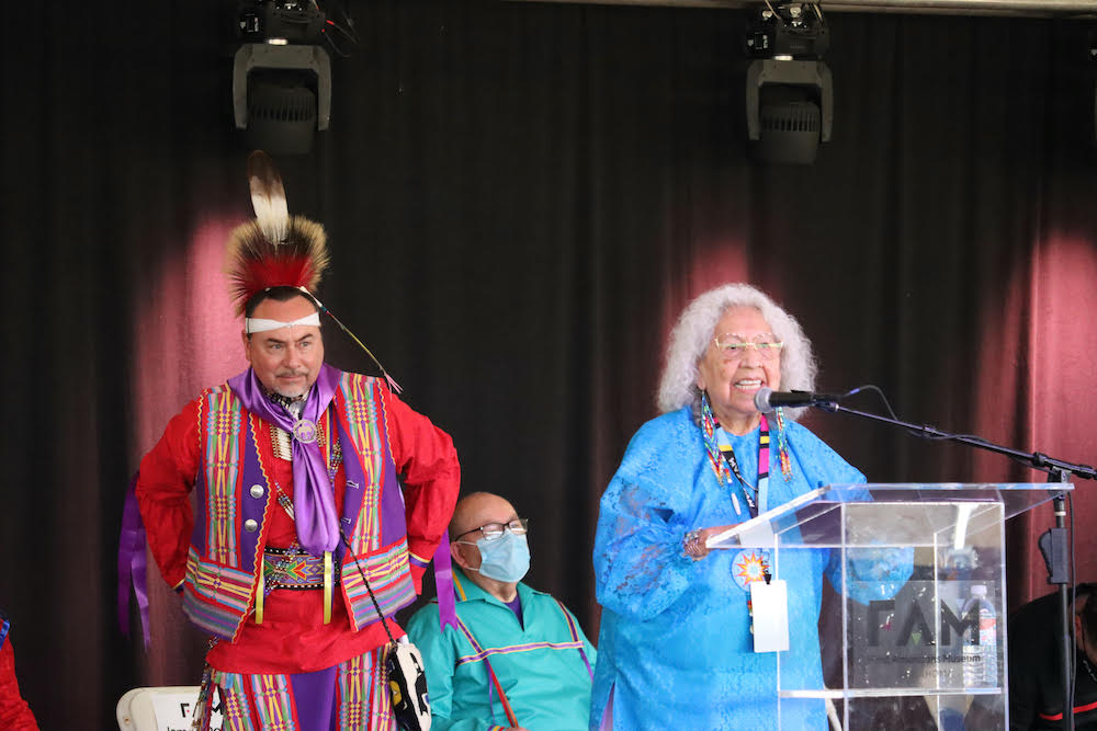 Dr. Henrietta Mann, Cheyenne and FAM Knowledge Giver, gives opening remarks at the grand opening of the First Americans Museum in Oklahoma City on September 18, 2021. (Photo/Darren Thompson for Native News Online)