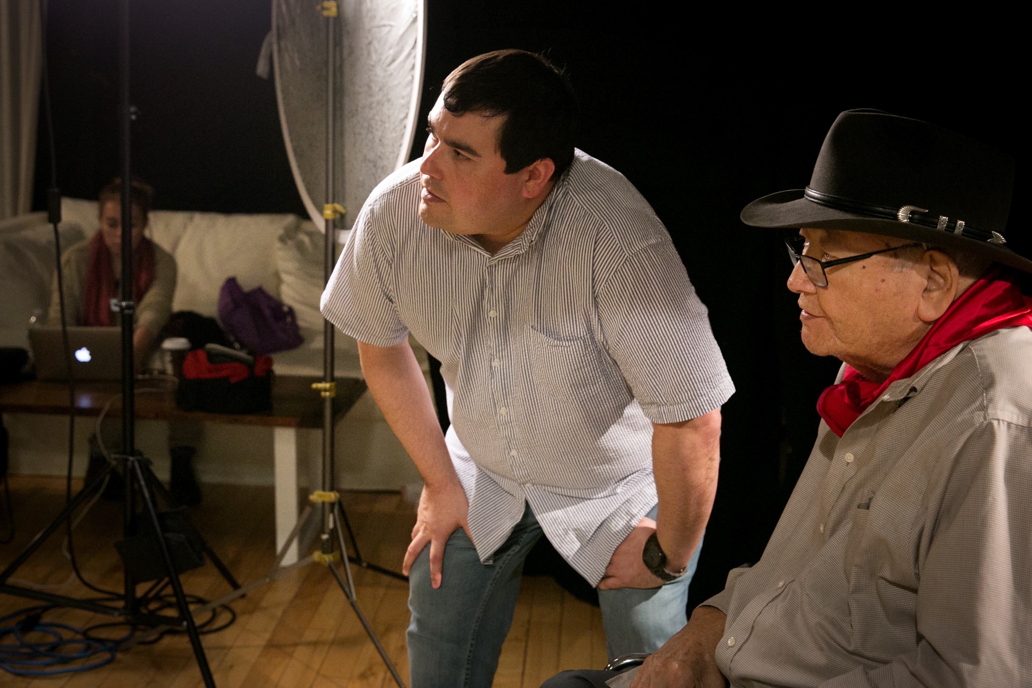 Filmmaker Jeffrey Palmer with N. Scott Momaday on set of PBS' American Masters "Words From a Bear." (Photo/Courtesy of Jeffrey Palmer)