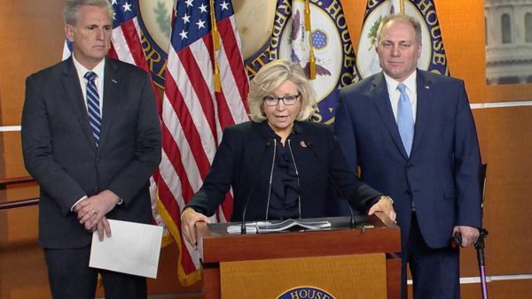 Rep. Liz Cheney with House Republican leaders, Congressmen Kevin McCarthy and Steve Scalise 