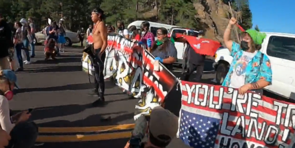 American Indian protesters blocked a South Dakota highway to demonstrate President Trump’s visit to their homeland. Photo from NDN Collective video.
