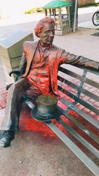 Statue of John A. MacDonald, Canada’s first Prime Minister, was doused with red paint Thursday night.