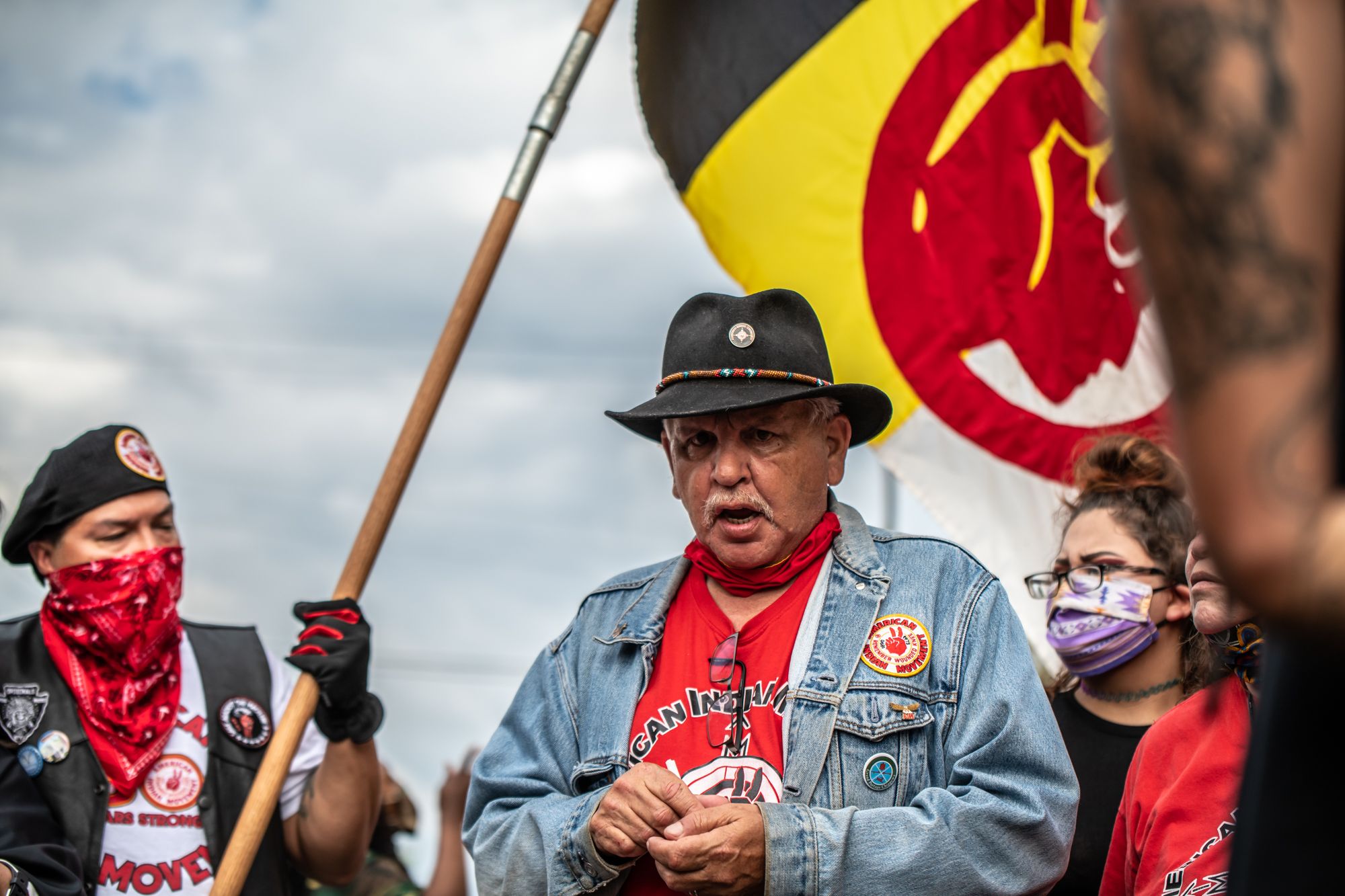 Members of American Indian Movement in Minneapolis protest on Tuesday night. Photo courtesy of Jeff Schad Imagery