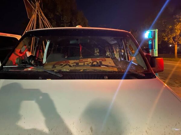 AIM patrol vehicle hit by Minneapolis Police overnight. Native News Online photographs by Darren Thompson