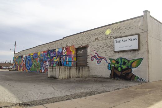 Brent Greenwood’s depiction of the new pop culture icon “The Child” or “Baby Yoda” was completed in the early morning hours of Dec. 21. He wanted the graffiti art to be the finishing touch to a full mural created by students of the Chickasaw Arts Academy.