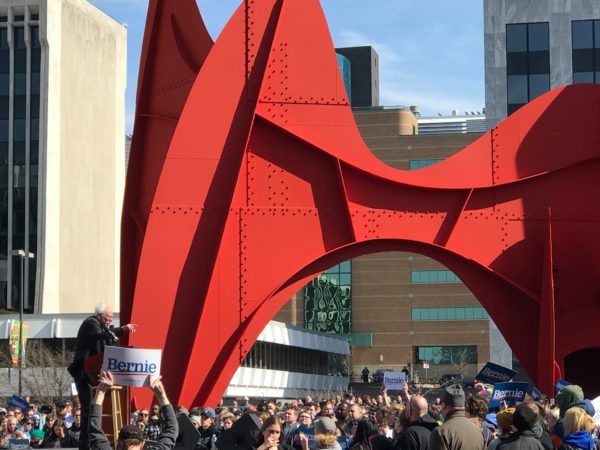 Bernie Sanders at Calder Plaza in Grand Rapids, Michigan speaks to thousands. Native News Online photographs by Levi Rickert