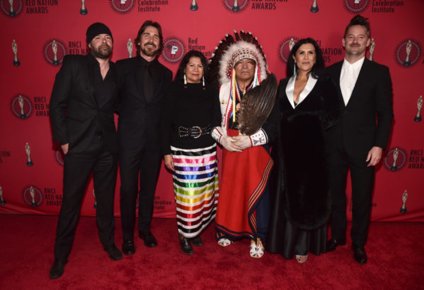 Christian Bale, Scott Cooper, Rory Cochrane, Joanelle Romero, Lynette Two Bulls, Phillip Whiteman Jr. at the 2019 Red Nation Film Festival And Awards Ceremony at Laemmle's Ahrya Fine Arts Theatre in Beverly Hills. (courtesy photo)