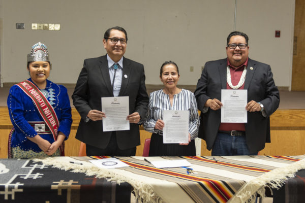 Navajo leaders gathered in Window Rock to sign a proclamation encouraging public participation in the 2020 Census. From left, Miss Navajo Nation Shaandiin Parrish, President Jonathan Nez, Chief Justice JoAnn Jayne, and Speaker Seth Damon.