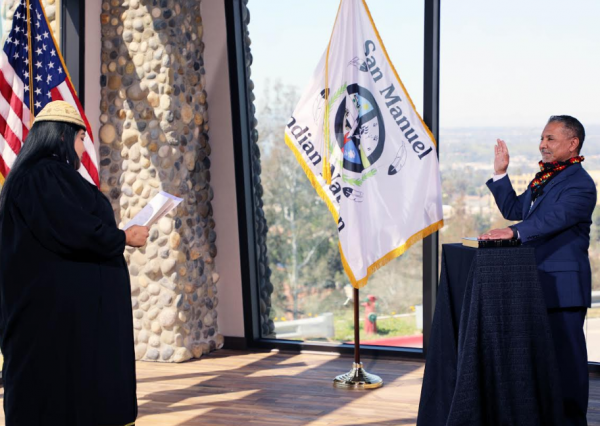 San Manuel Chief Justice Claudette C. White swears in Chairman Kenneth Ramirez. Photo provided by San Manuel Band of Mission Indian
