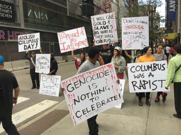 American Indian community protesting at Chicago's Columbus Day 2015 parade. Native News Online photo by Anthony Roy