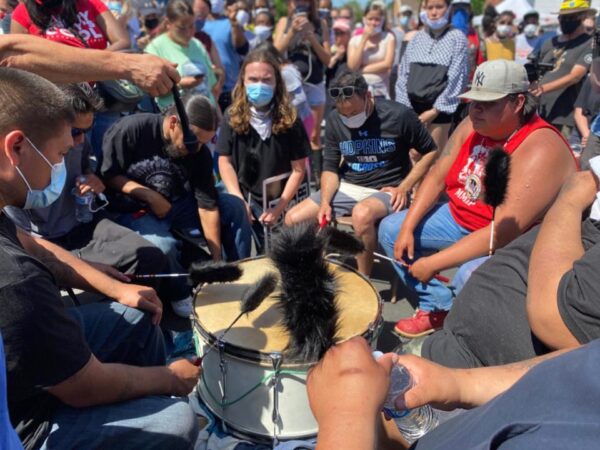 A drum from the Sisseton Wahpeton Oyate in Sisseton, South Dakota, led the people through the streets of Minneapolis on Sunday at the George Floyd Memorial. Native News Online photograph by Darren Thompson