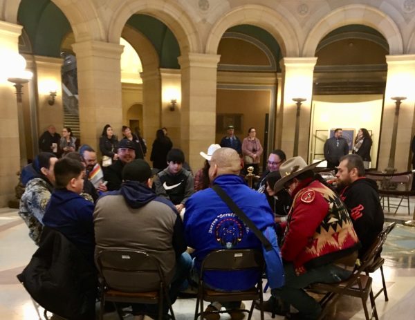 The drumbeat echoes through the Minnesota State Capitol. Photograph courtesy of the Red Lake Nation.