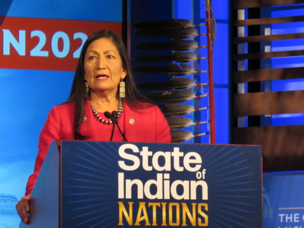 Rep. Deb Haaland delivering the response to the State of Indian Nations address at The George Washington University in Washington, D.C. on Monday. Native News Online photographs by Levi Rickert