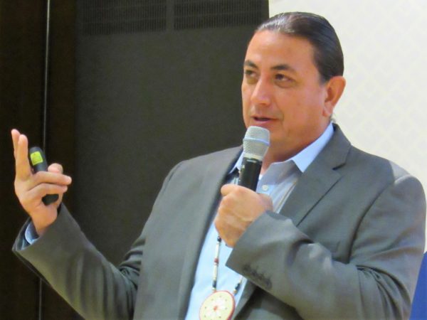 David Archambault II speaking at Northwestern University Law School in August 2018. Native News Online photograph by Levi Rickert