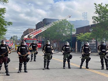 Minneapolis Fire Department has the fire contained at Migizi Communication, an American Indian youth center, that caught fire in riot that has ravaged the city since the death of George Floyd, an African American man, who died from excessive police force on Monday. Native News Online photograph by Darren Thompson.