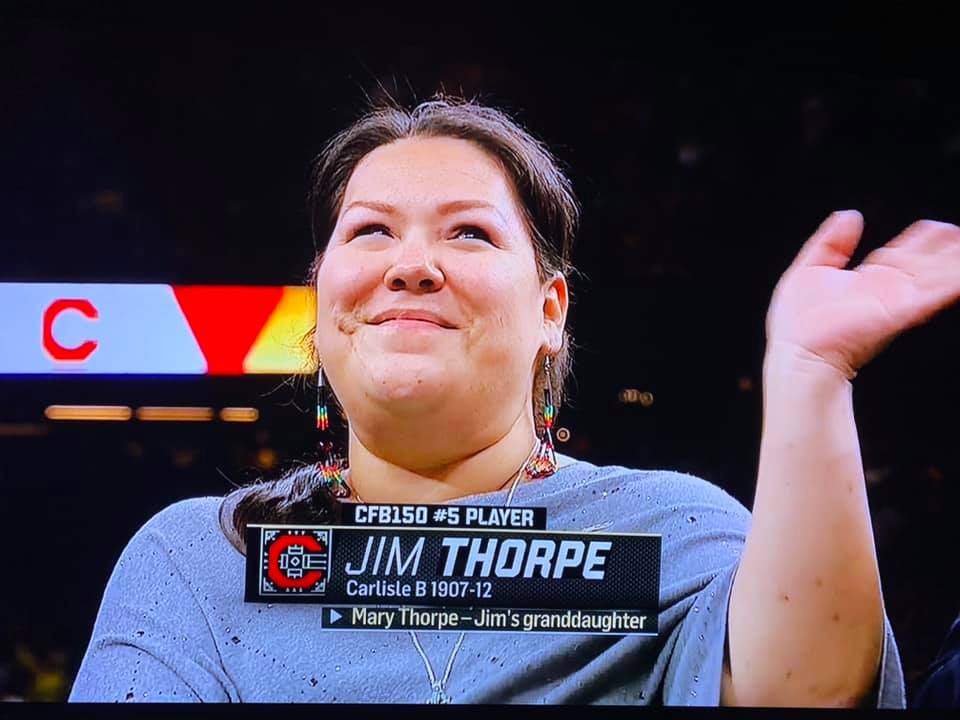 Mary Thorpe represented her grandfather, the legendary Jim Thorpe, who was named fifth best college football player in history at the