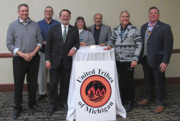 President Chris Swartz, Kewewnaw Bay Indian Community; Chief Tim J. Davis, Saginaw Chippewa Indian Tribe; Sen. Gary Peters; Chairwoman Regina Gasco-Bentley, Little Triverse Bay Bands of Odawa Indians; Ogema Larry Romanelli, Little River Band of Ottawa Indians; Chairperson Aaron Payment, Sault Ste. Marie Tribe of Chippewa Indians; and Jaime Stuck, Nottawaseppi Huron of the Potawatomi. Native News Online photographs by Levi Rickert