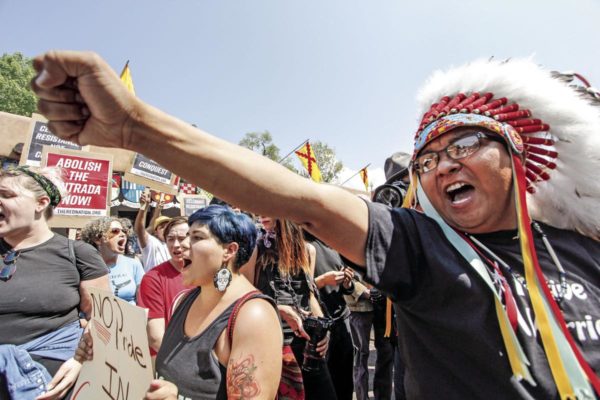 Lee Moquino at protest last year. Santa Fe New Mexican file photo