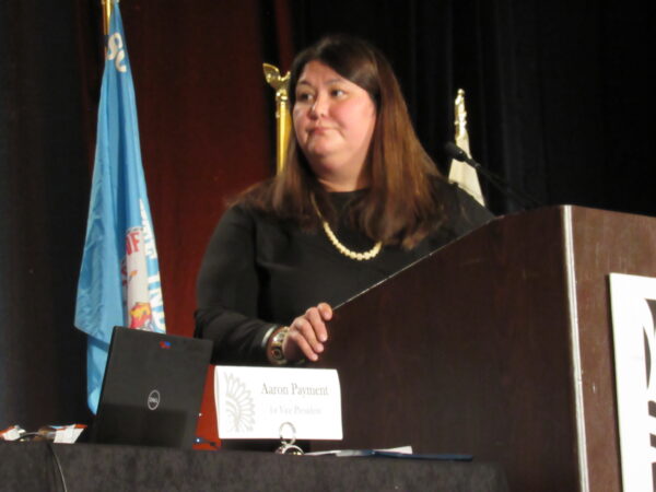 Assistant Secretary Indian Affairs Tara Mac Lean Sweeney at addressing the National Congress of American Indians in Denver in October 2018. Native News Online photograph by Levi Rickert