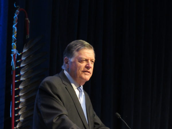 Rep. Tom Cole addressing the National Congress of American Indians at Capital Hilton in Washington, D.C. in February 2019. Native News Online photograph by Levi Rickert
