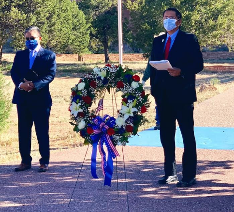 Navajo Nation Vice President Myron Lizer (l) with President Jonathan Nez (r) at the Memorial Day wreath laying ceremony at Window Rock, Ariz. - Courtesy photographs.