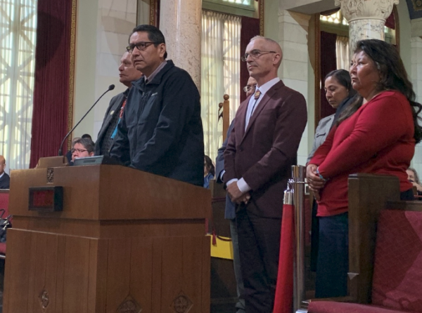 Navajo Nation President Jonathan Nez and Los Angeles City Councilman Mitch O’Farrell presenting to the Los Angeles City Council in Los Angeles, Calif. on Feb. 19, 2020. Courtesy photo