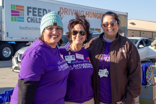 Chickasaw Nation employees (from left) Angie Garrett, Tammy Volino and Martha Edelen volunteered at the “No Hunger Holiday” event in Sulphur. They played a role in assisting Murray County children and families during the holidays while bringing awareness to the important issue of childhood hunger.