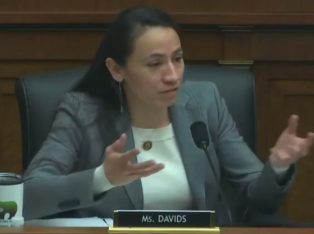 Rep. Sharice Davids asking a question at the House Committee on Transportation and Infrastructure hearing. Photo from YouTube video.