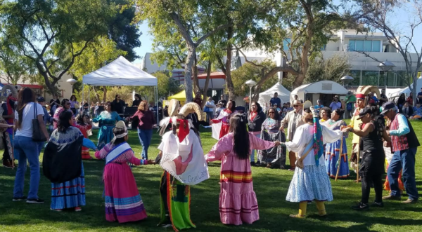On February 8, 2020, Saturday, tribal royalty doing a social dance with visitors at the Arizona Indian Festival during Scottsdale Western Week. (Photo by Geri Hongeva-Camarillo)