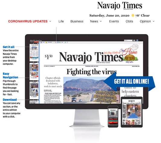 After two employees tested positive for COVID-19, Navajo Times will move to an online-only model for the next two weeks and suspend printing of its June 25 and July 2 issues. Staff will work remotely.