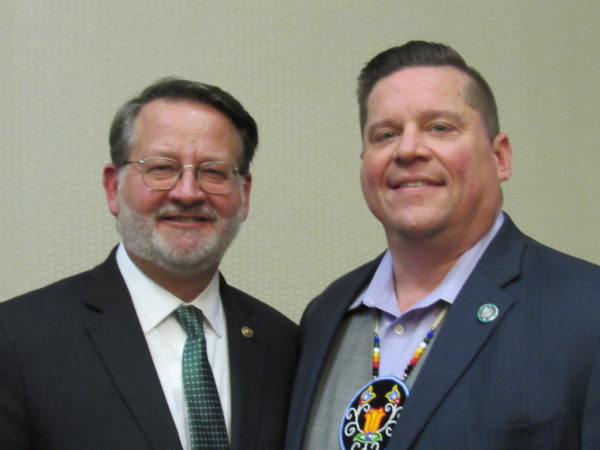 Nottawaseppi Huron of the Potawatomi Chairperson Jaime Stuck with U.S. Sen. Gary Peters (D-MI) at United Tribes of Michigan in Feb. 2020. Native News Online photograph
