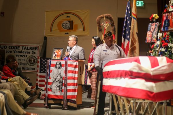 Navajo Nation Vice President Myron Lizer and Second Lady Dottie during the memorial serviceof Navajo Code Talker Joe Vandever, Sr. on Feb. 5, 2020, at the El Morro Theatre in Gallup, N.M.